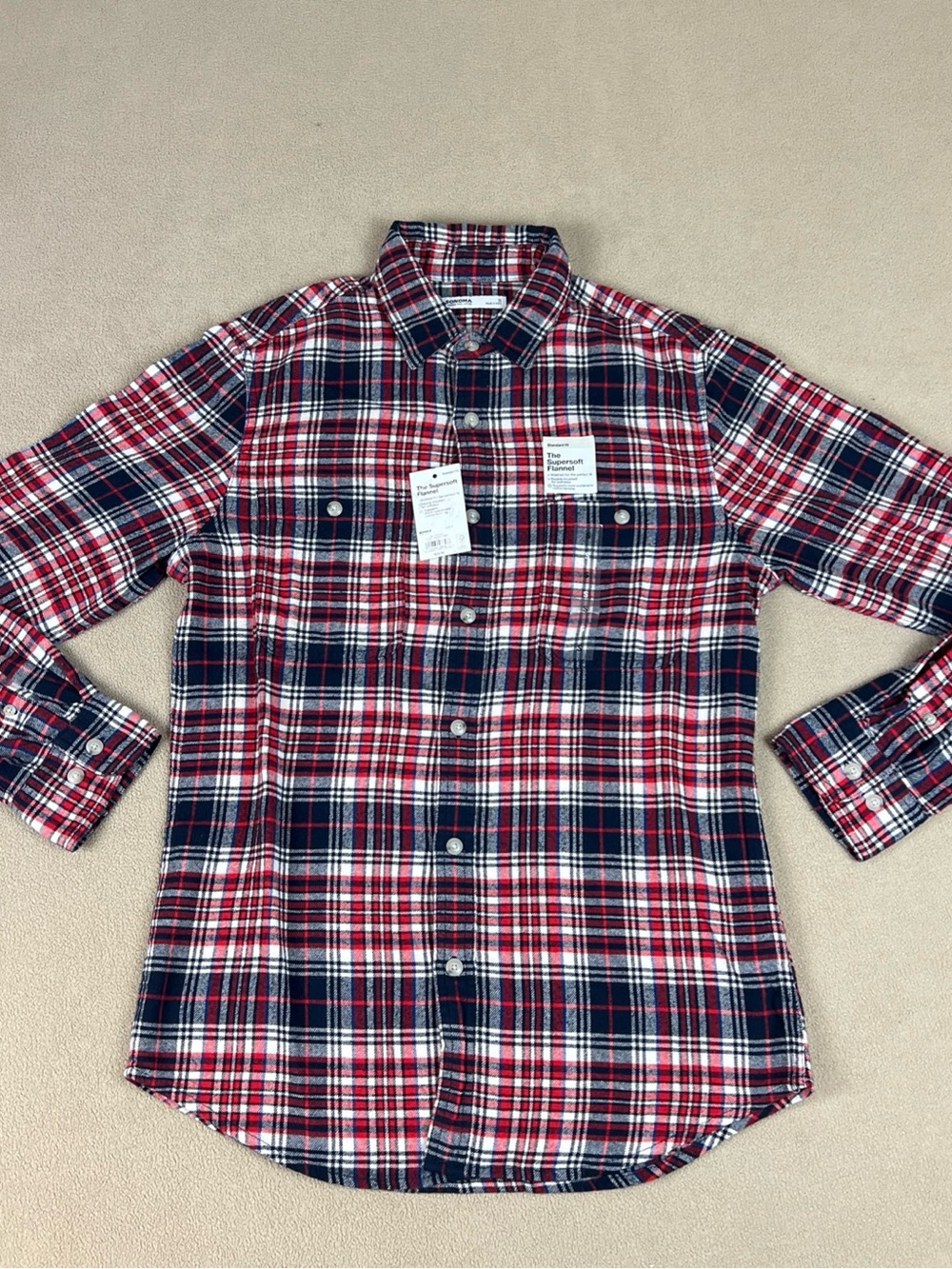 Sonoma The Supersoft Flannel Shirt. 100% Cotton, Plaid. Red. Men's Sz Small